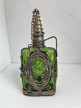 Vintage Moroccan Moorish perfume bottle with Lid Green Glass filigree Gothic